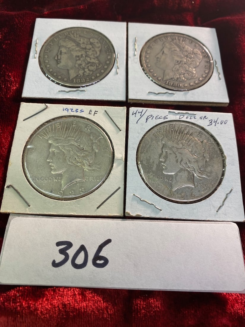 4 Silver Dollars- Dated: 1882, 1880, 1926 (Peace Dollar), 1923-S (Peace Dollar) (1 of 2)