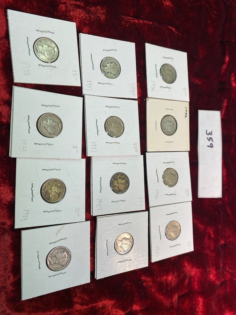 12 Mercury Head Dimes - Dated: 5 X 1937, 2 X 1936, 5 X 1930's (1 of 2)