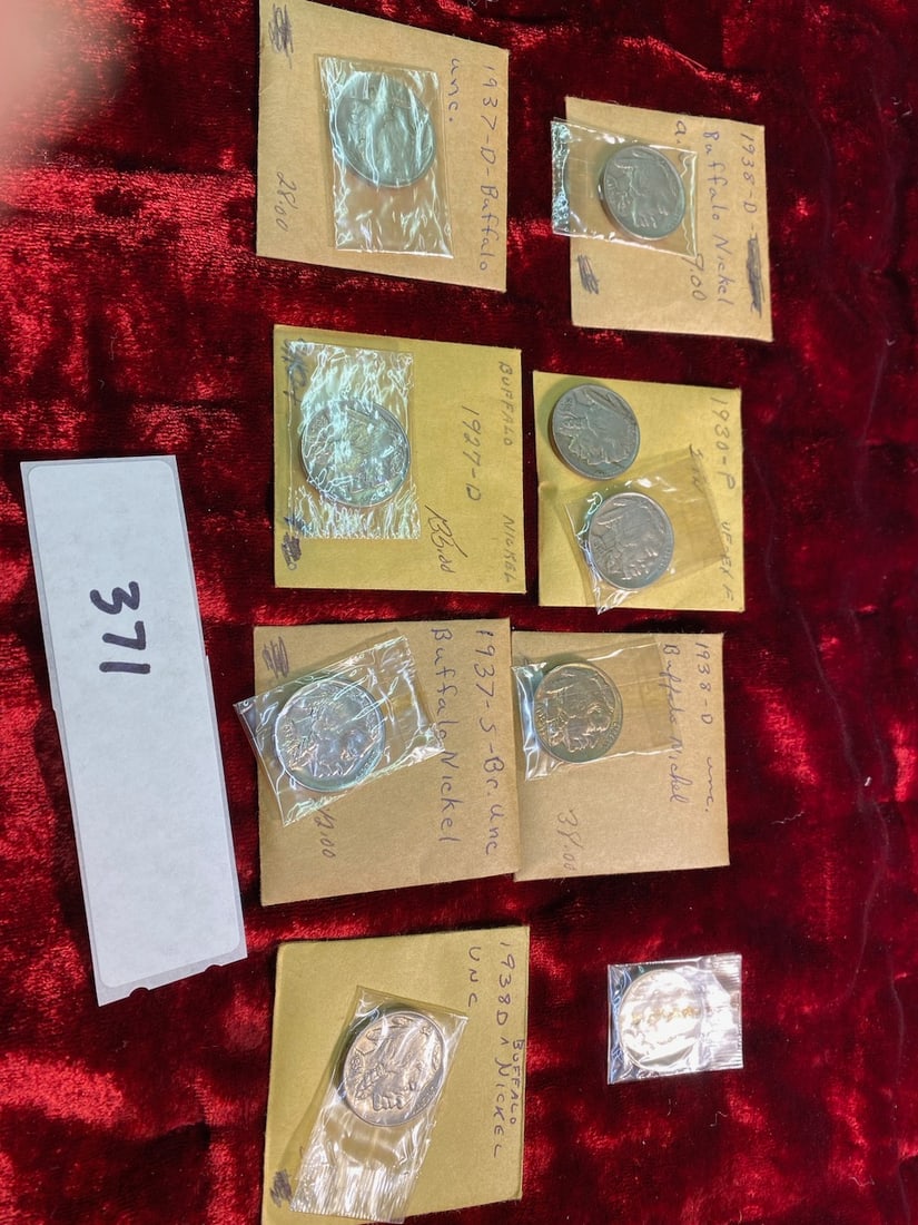 9 Uncirculated Buffalo Nickels- Dated 3 X 1938 D, 1927 D, 1930's (1 of 2)