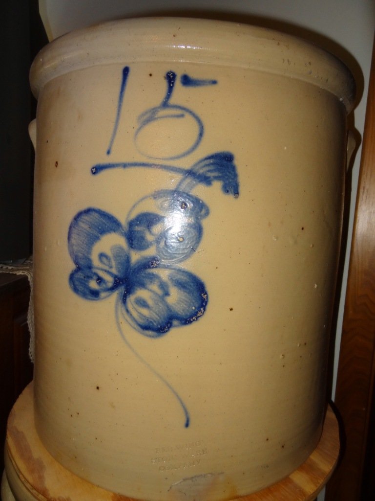 15 Gal. Saltglaze Butterfly Stamped Redwing Crock: 19" High X 17" Diameter- Mint Condition