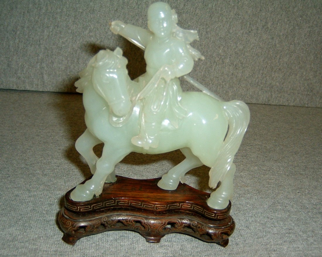 Jade Warrior on Horse: 6" Tall X 4" Wide- Base lined in Silver Decorated. Spear Head missing.