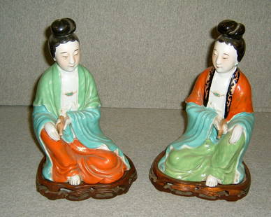 2 Guan-Yin Figures on Base: 12" High Figures on Bases- Stamped Made in China- Paper Label- Good Condition-Wood Bases drilled for Lamps