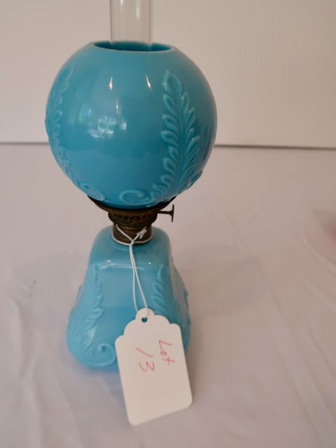 Unusual Miniature Blue Case Glass Gone w/ The Wind Lamp (1 of 2)