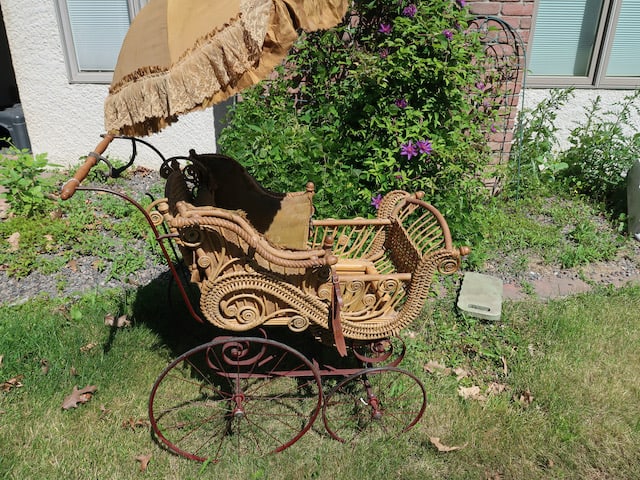 Ornate Victorian Wicker Baby Buggy w/ Original Parasol (1 of 4)