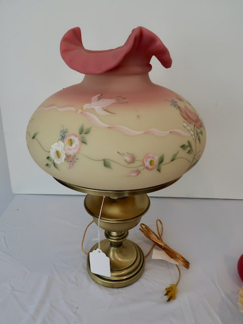 Large Signed  Fenton Lamp w/ Burmese Shade - Circle of Love by Joyce Collelo (10/60) (1 of 4)