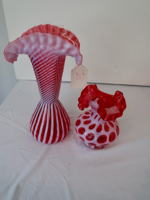 2 Decorated Cranberry Vases w/ Ruffled Tops (1 of 3)