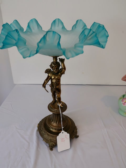 Cupid Ruffled Victorian Glass Apern w/ Blue Satin Glass Bowl: 15.5" T x 11" Round Ruffled Bowl