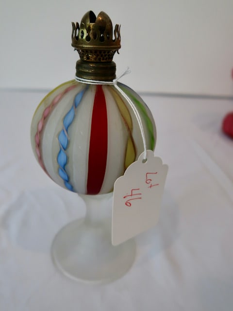 Rare Art Glass Miniature Kerosene Lamp w/ Threaded Art Glass Faunt: 8" T x 3.5" Round Ball Faunt