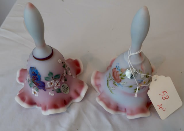 2 Decorated Fenton"Circle of Love" Bells - Handpainted by Sue Jackson: 7" T x 5" Ruffled Bell