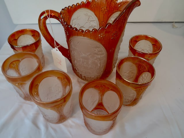Fenton Carnival Pitcher & 6 Tumblers: Pitcher: 9" T / Tumbler: 4" T