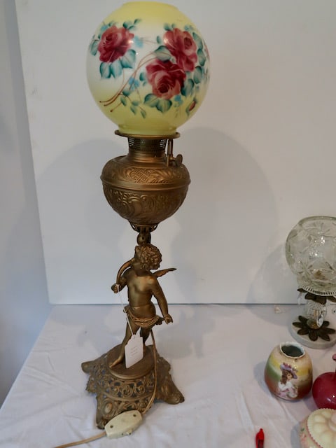 Figural Cupid Banquet Lamp w/ Shade - Signed Bradley & Hubbard (1 of 3)