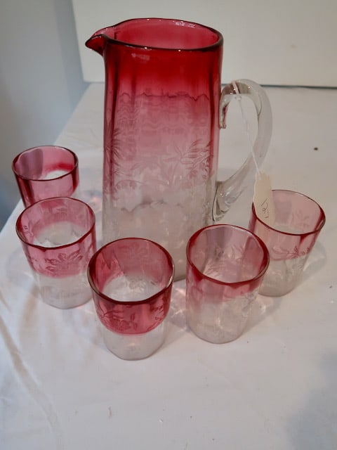 Rare Cranberry Etched Stork Pitcher & Tumblers (1 of 3)