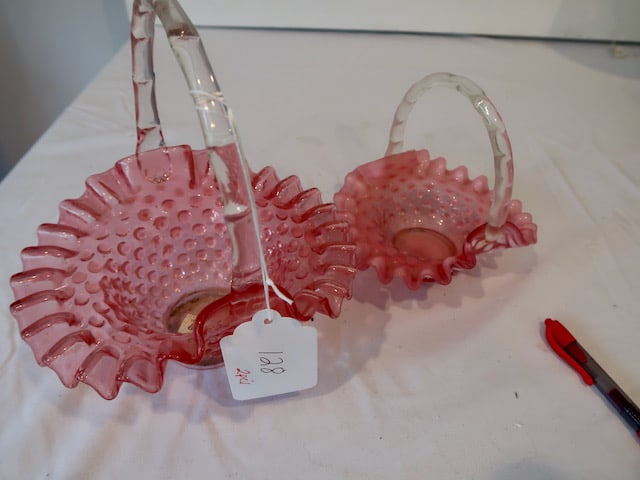 2 Cranberry Hobnail Baskets: Largest: 7.5" T x 7" Diameter