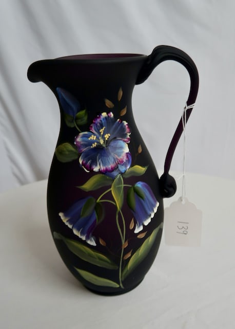 Purple Decorated Fenton Pitcher w/ Hand Painted Flowers - Signed by Artist #616/1500 (1 of 4)