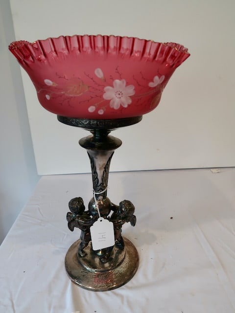 Large Victorian Cranberry Center Bowl w/ Silver Plate Cupid Base (1 of 4)