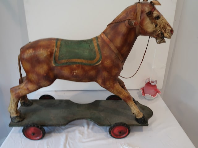 Antique Toy Horse on Wheels: 2' T x 28" L x 10" W