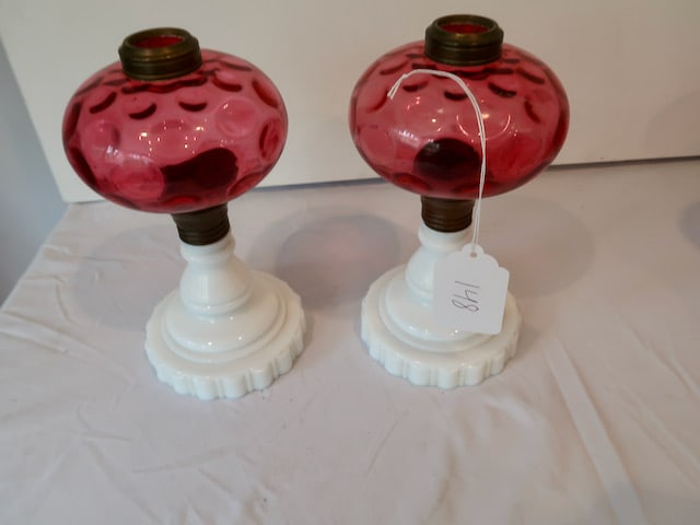 Matched Pair of Victorian Cranberry Kerosene Lamps (Missing Burners) (1 of 3)