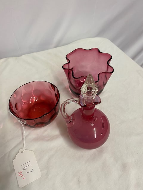 3 Pieces of Victorian Cranberry Glass: Tallest: 8" T x 4" W