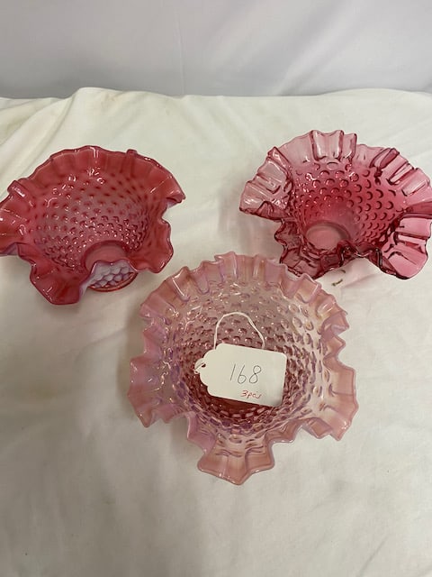 3 Ruffled Cranberry Hobnail Candy Bowls: 7" W x 3" T