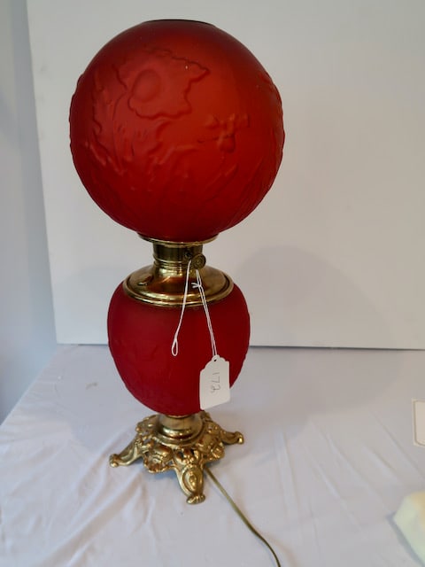 Red Satin Glass Victorian Banquet Lamp (No Chimney): 25" T x 10" Globe