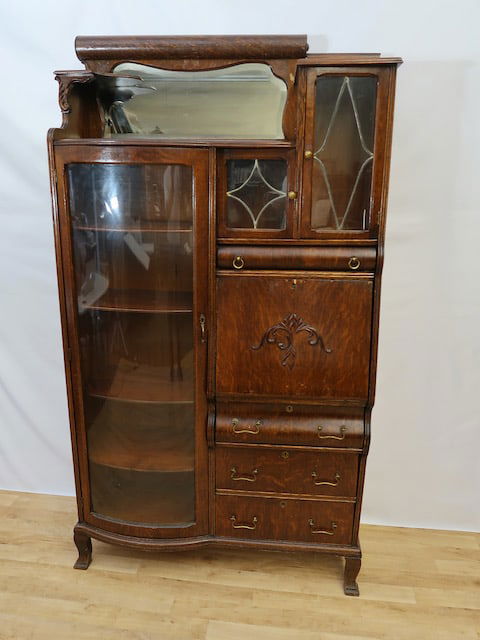 Oak Curved Glass Secretary Desk w/ Leaded Glass Doors (1 of 3)