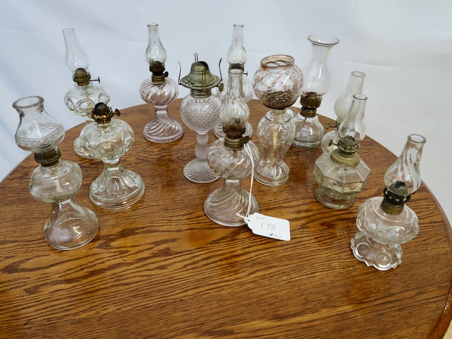 12 Clear Glass Miniature Kerosene Lamps: Tallest: 9" T