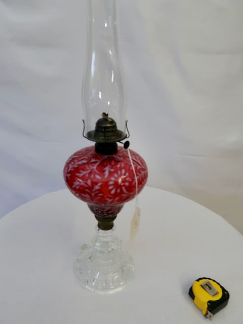 Large Victorian Cranberry Faunt Kerosene Lamp w/ Clear Base (1 of 3)