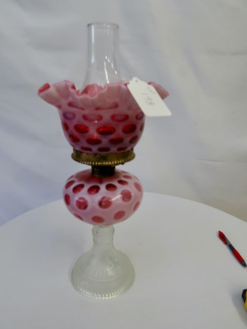 Large Fenton Cranberry Kerosene Lamp w/ Shade (1 of 3)