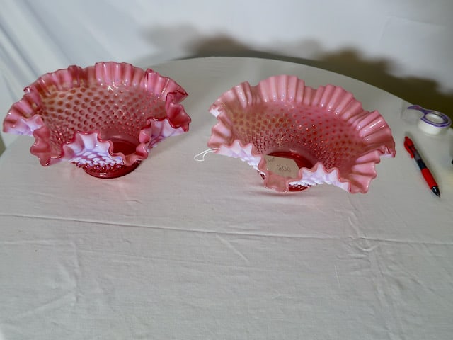 2 Large Fenton Cranberry Hobnail Ruffled Candy Dishes (1 of 3)