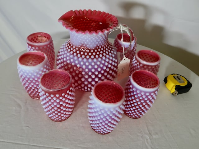 Large Fenton Cranberry Hobnail Pitcher & 8 Tumblers (1 of 3)