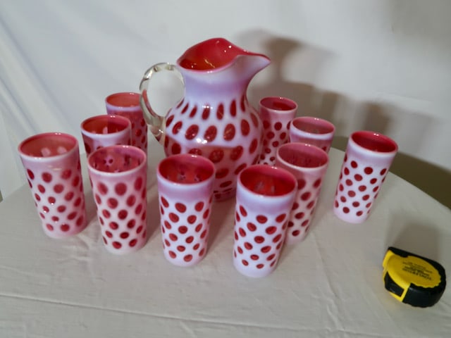 Large Fenton Cranberry Coin Dot Piitcher and 10 Tumblers (1 of 4)