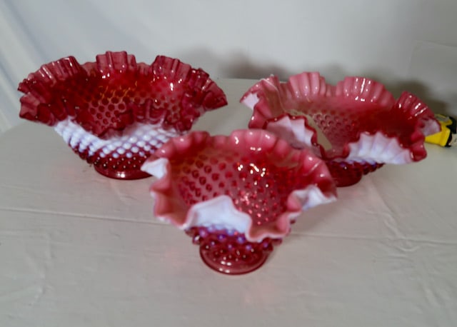 3 Cranberry Hobnail Candy Dishes: Largest: 4" x 8"
