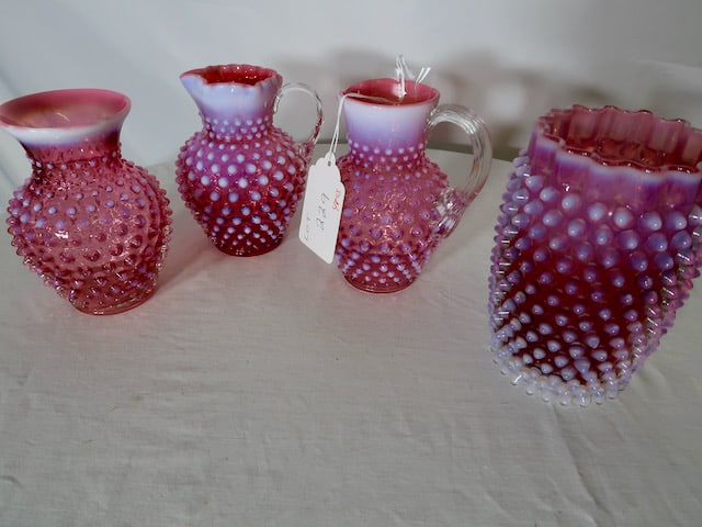 4 Pieces of Cranberry Hobnail Glassware (2 Pitchers / 2 Vases) (1 of 3)