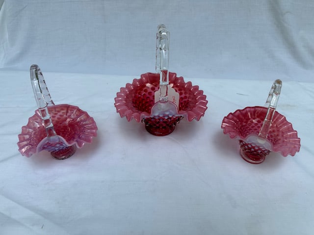 3 Cranberry Hobnail Baskets: Largest: 8" T x 7" Diameter