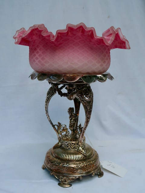 Fabulous Ornate Silver Plated Bride's Basket w/ Ruffled Quilted Satin Glass Bowl (1 of 5)