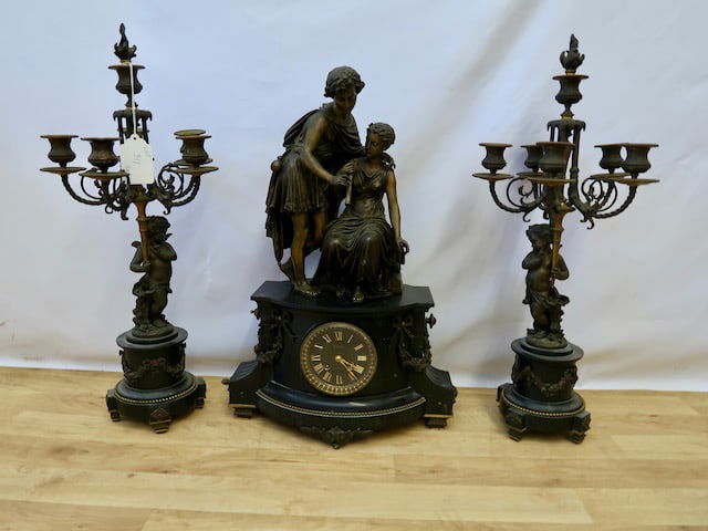 Fabulous Victorian 3 Piece Marble & Bronze Statue Clock and Candleabra Set (w/ Key & Pendulum) - (1 of 5)