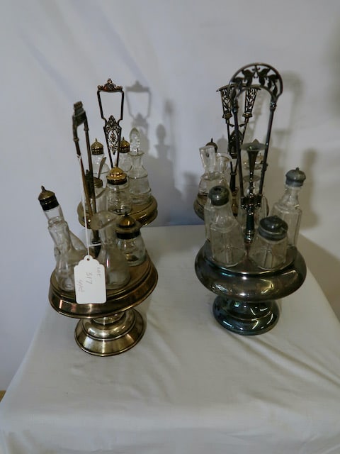 4 Victorian Antique Caster Sets w/ Cut Bottles: 17" T x 8" Diameter