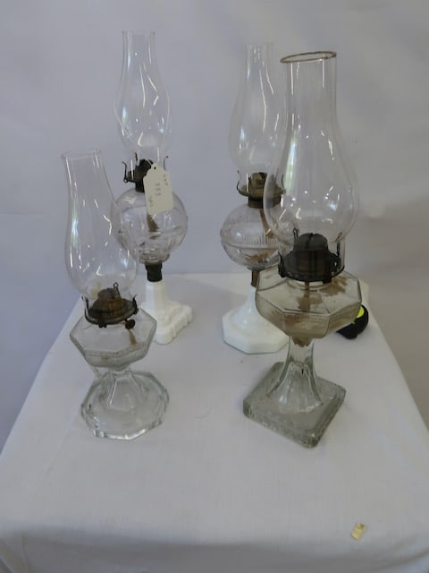 4 Kerosene Lamps w/ Chimneys - 2 Greek Key & Hobs Double Diamond (1 of 5)