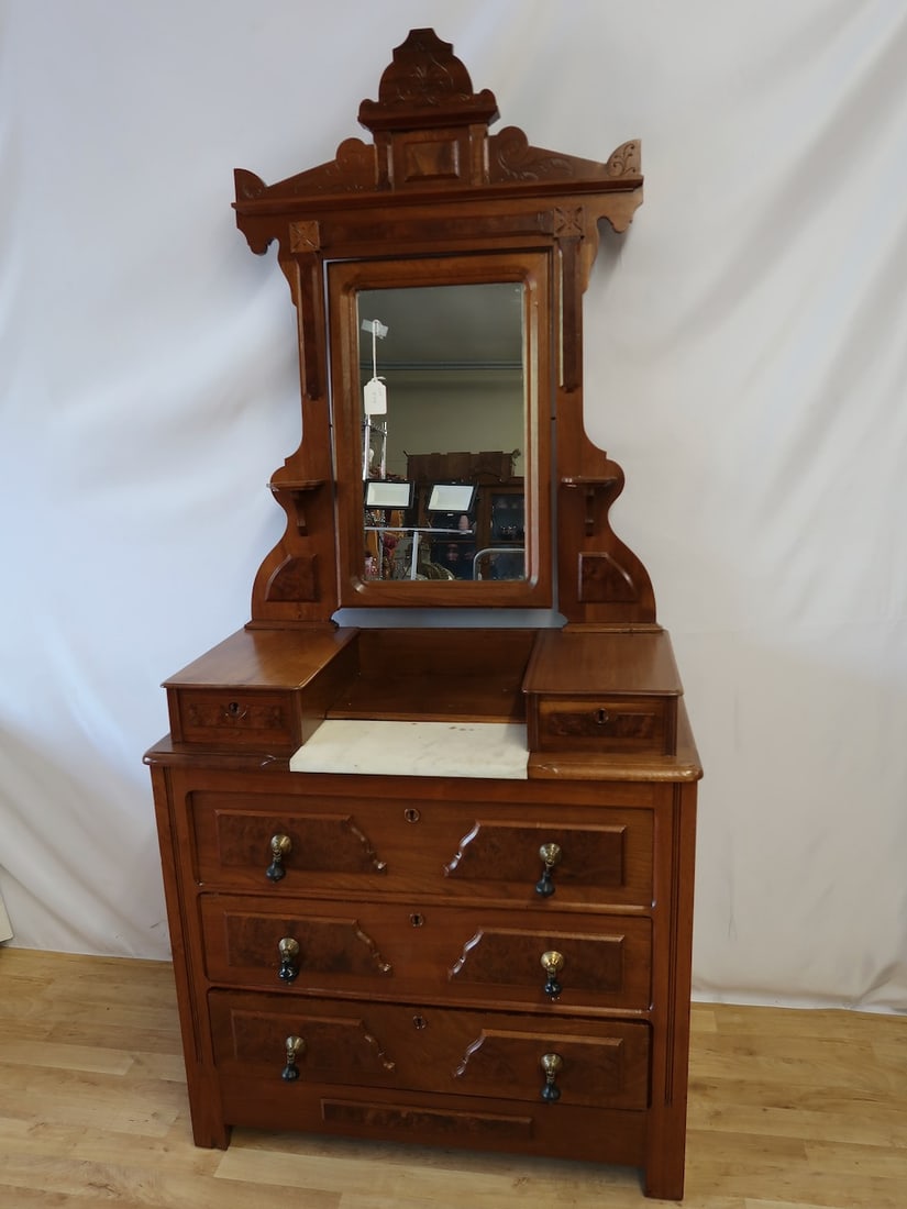 Victorian Marble Top Dresser w/ Mirror: 80" T x 38.5" W x 19" D