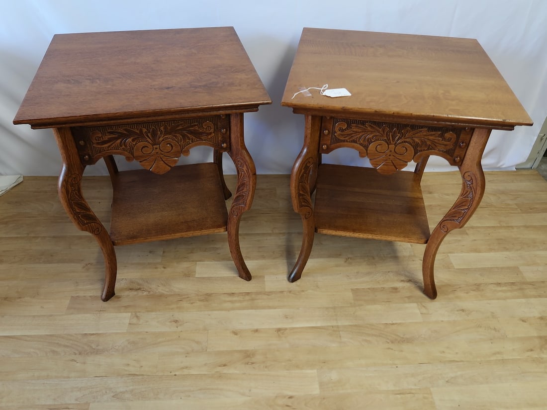 Match Pair of Carved Oak Occasional Tables (1 of 4)