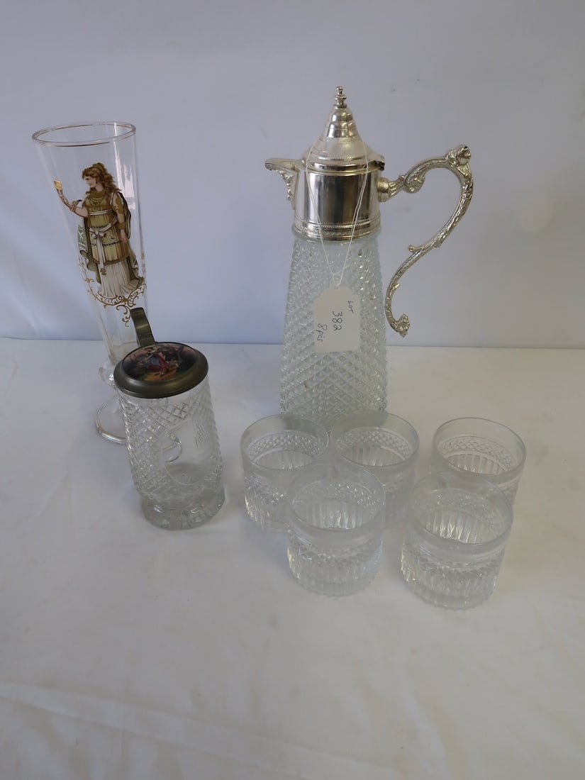 Large Glass Pitcher, Tumblers, and German Stein (1 of 3)