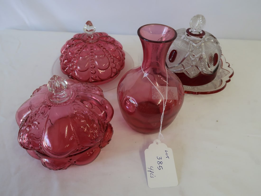4 Pieces of Cranberry Glass - including Candy Dish, Butter Dishes, and Vase: Largest: 8.5" Round x 6" T