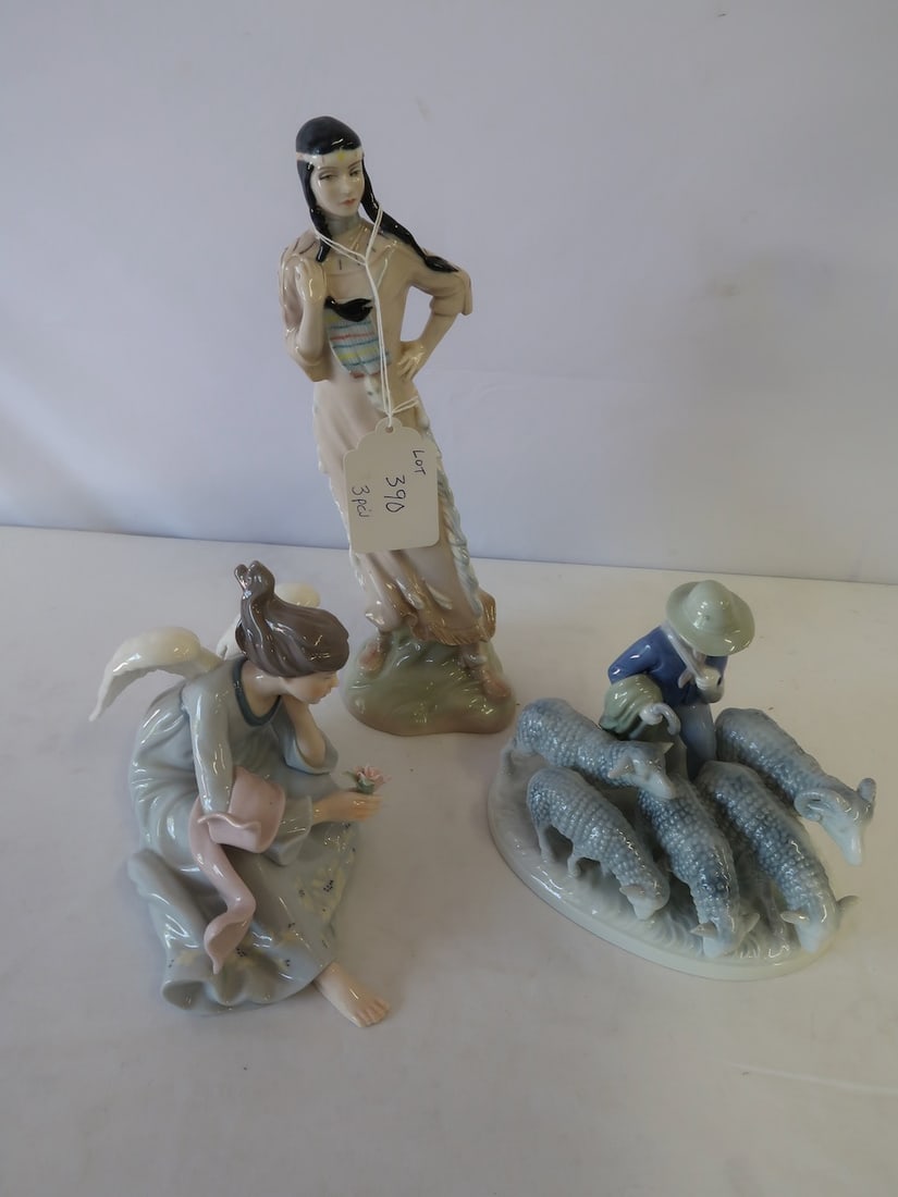 3 Decorated Bisque Figures - Including Royal Dalton Native American Maiden: Largest: 12" T