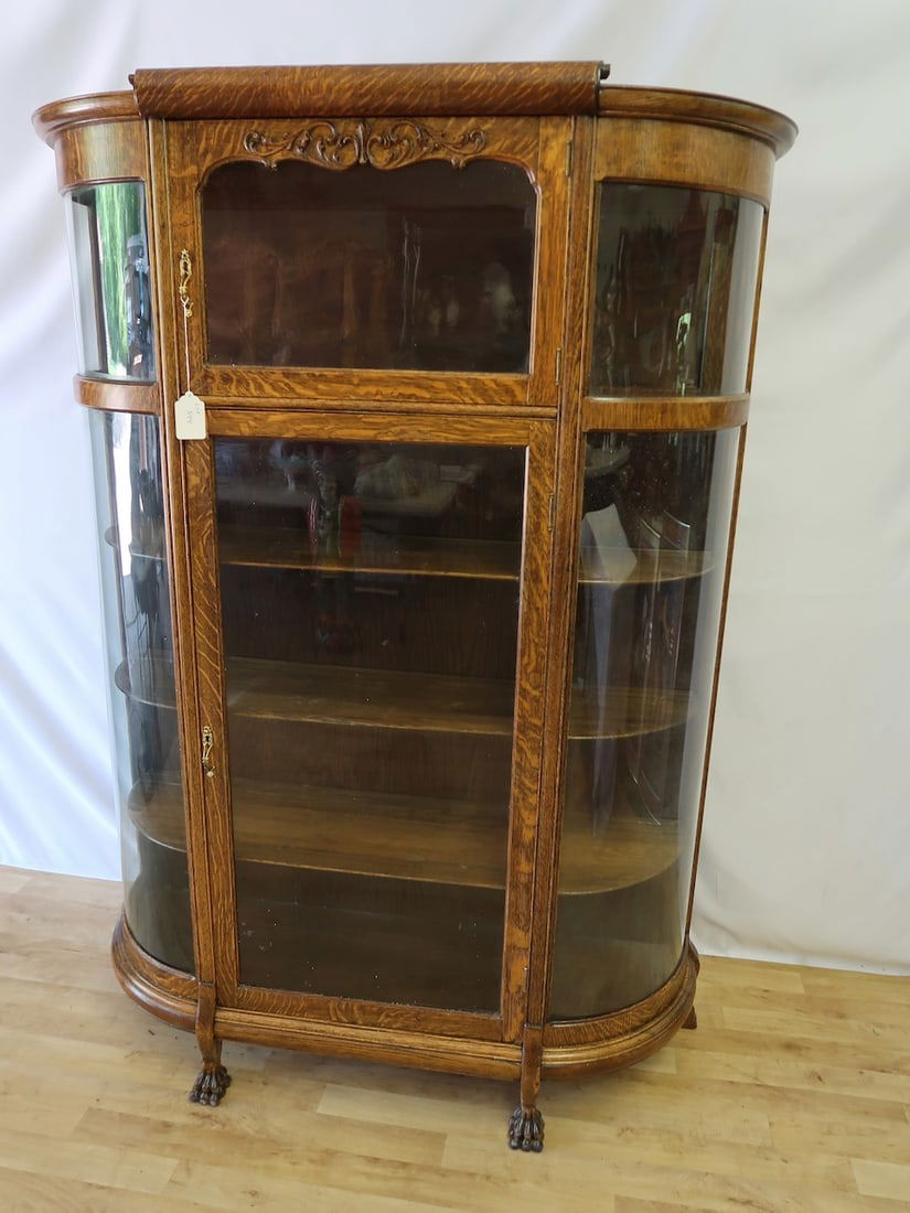 Beautiful Large Oak Antique Curved Glass Cabinet w/ Claw Feet (1 of 3)