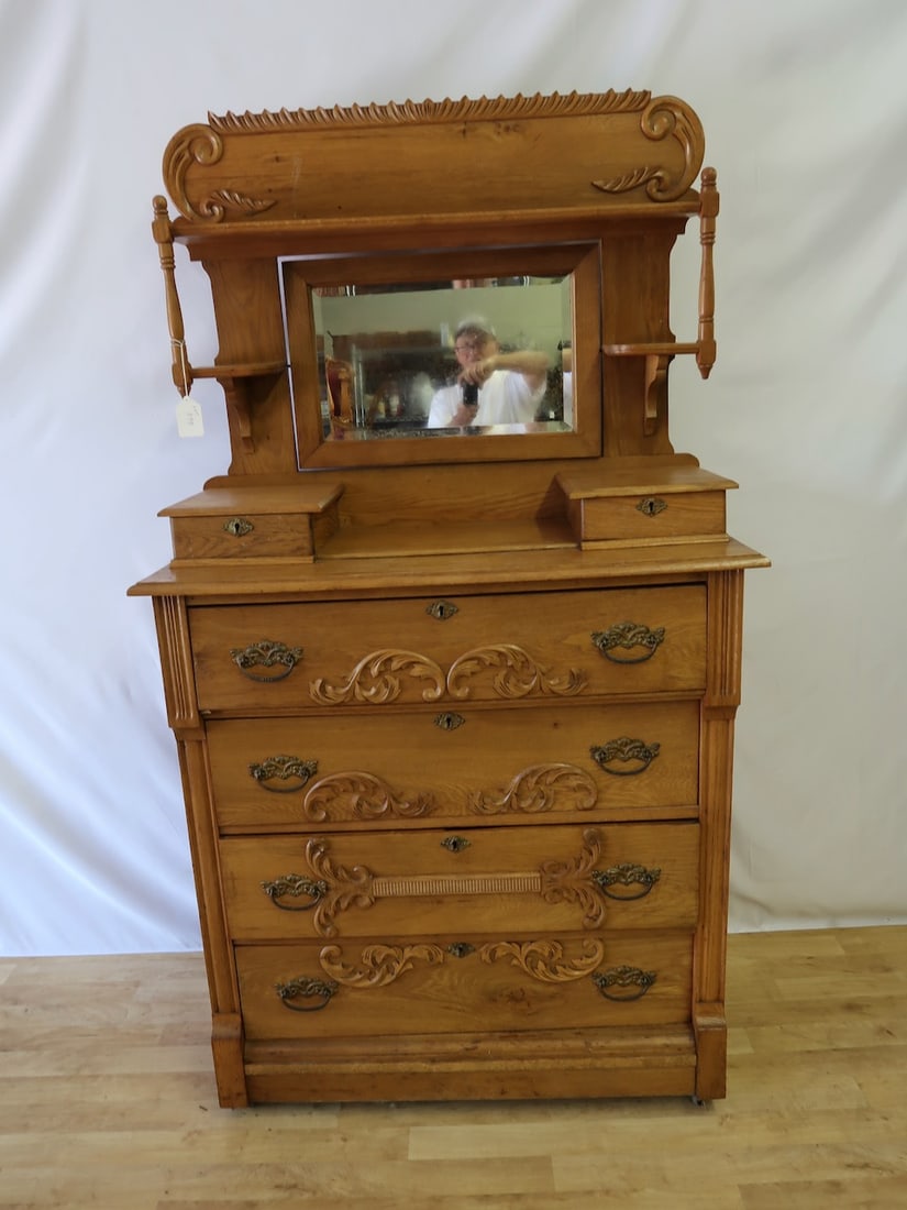 Carved Oak 4 Drawer Chest w/ Mirror (1 of 3)