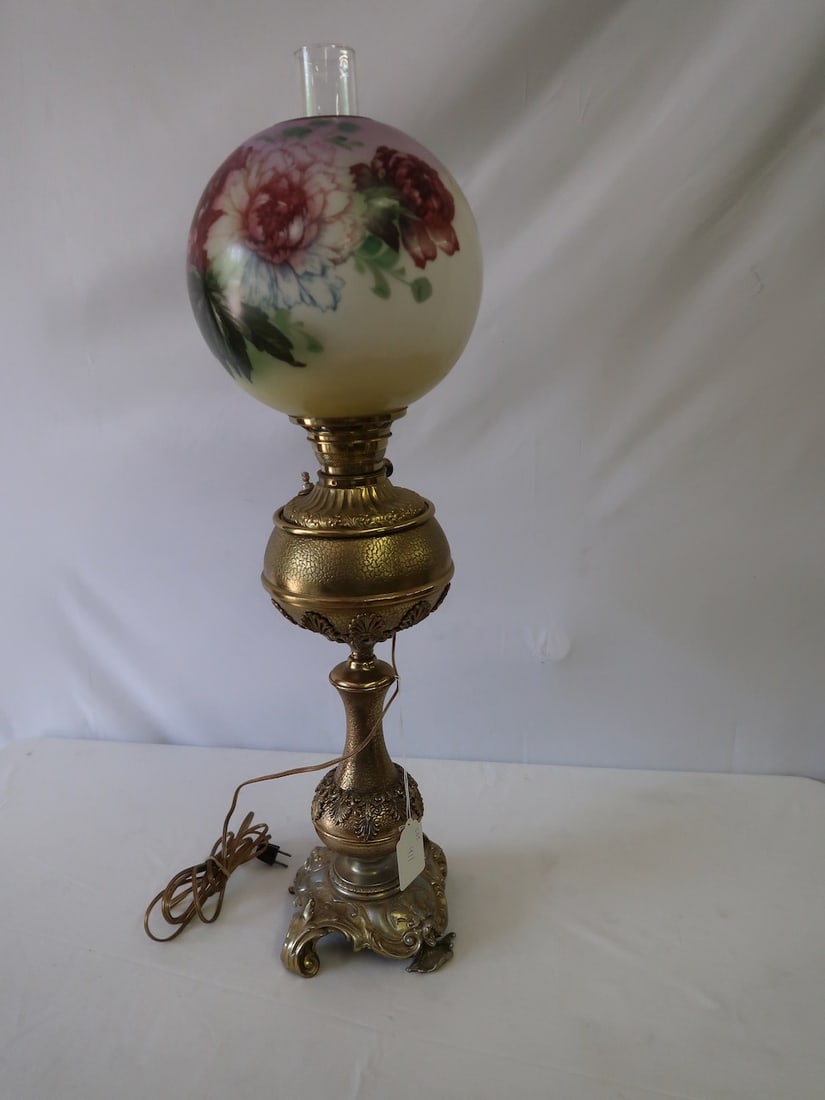 Ornate Victorian Banquet Lamp w/ Large Handpainted Floral Shade (1 of 3)