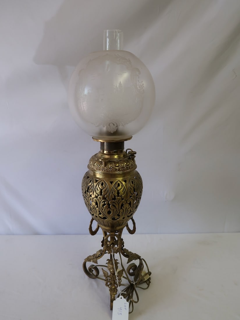 Ornate Victorian Banquet Lamp w/ Winged Angel Base & Acid Etched Round Globe (1 of 3)