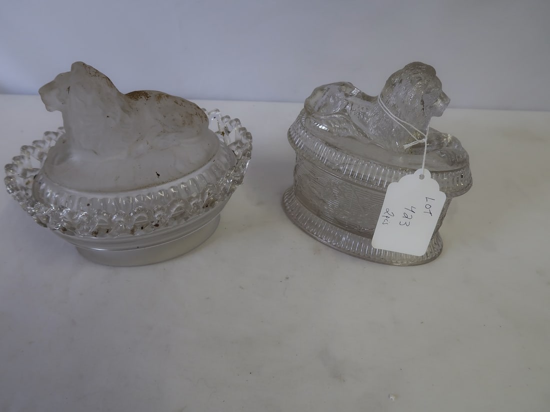 2 Antique Pattern Glass Candy Dishes w/ Lion Covers (1 of 3)