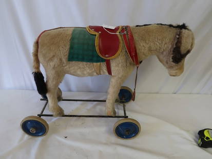 Antique Pole Toy Horse w/ Noise Maker & Original Saddle: 17" T x 23" L x 9" W