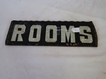 Early Reverse Painted on Glass "ROOMS" Sign w/ Original Tin Back Plate: 18" L x 6" T